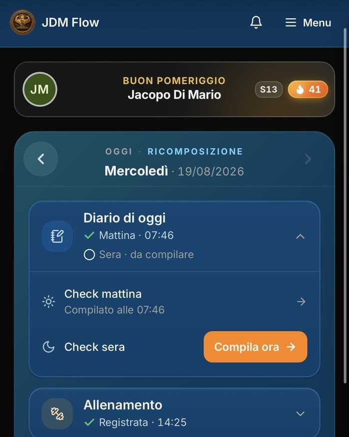 Dashboard principale dell'app JDM Flow con il riepilogo della giornata