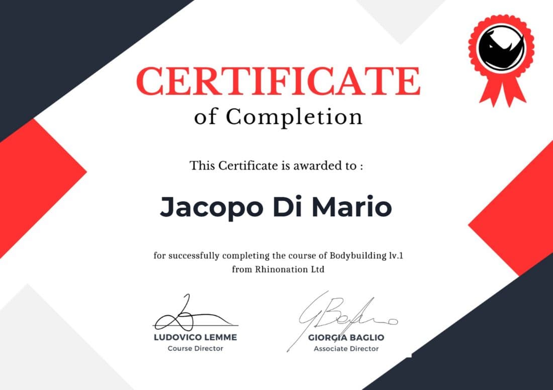 Certificato Bodybuilding Lv.1 rilasciato a Jacopo Di Mario
