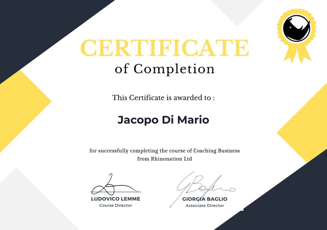 Certificato Coaching Business rilasciato a Jacopo Di Mario