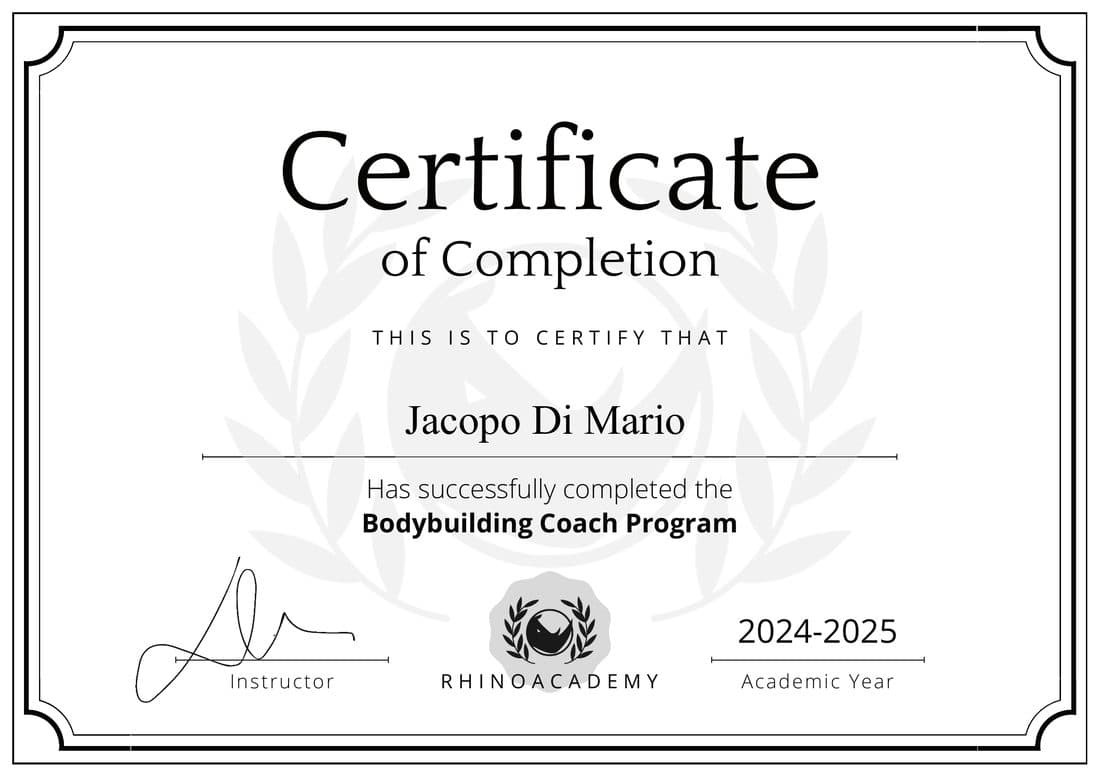 Certificato Bodybuilding Coach Program rilasciato a Jacopo Di Mario - RhinoAcademy 2024-2025