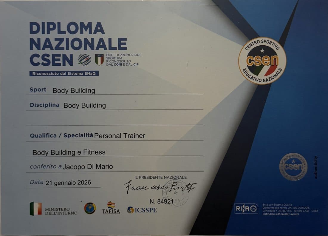 Diploma Nazionale CSEN - Personal Trainer, Body Building e Fitness, conferito a Jacopo Di Mario
