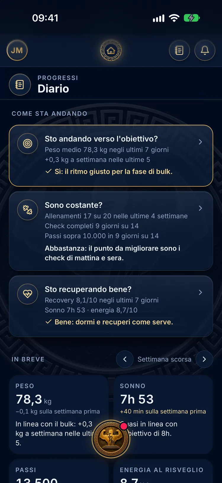 Diario con le tre domande su obiettivo, costanza e recupero