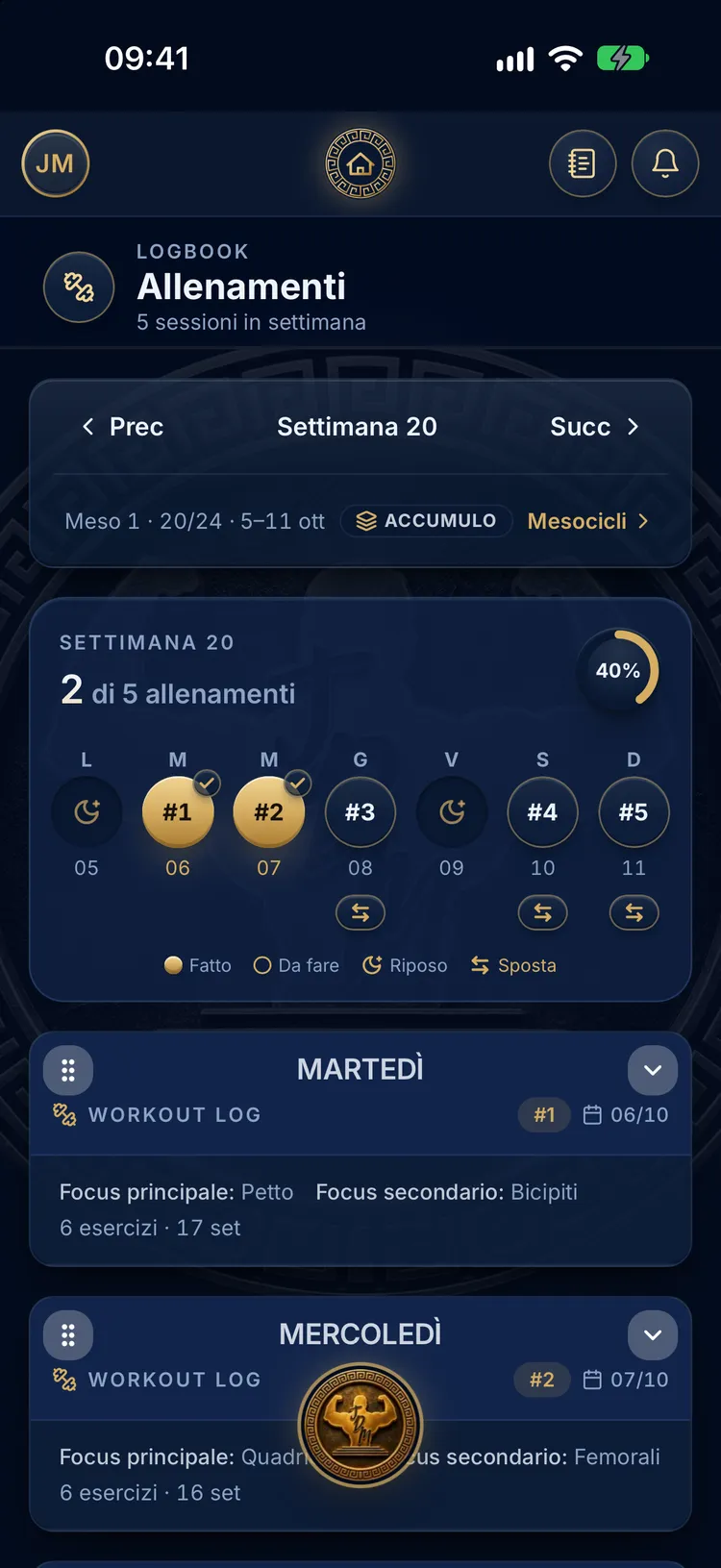 LogBook della settimana con le sessioni fatte, da fare e i giorni di riposo
